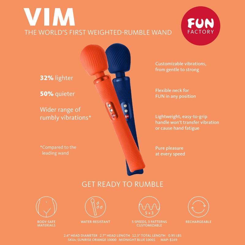 FUN FACTORY - VIM VIBROMASSEUR RUMBLE VIBRANTE RECHARGEABLE EN SILICONE BLEU MINUIT