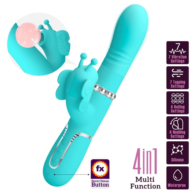 PRETTY LOVE - VIBROMASSEUR RABBIT MULTIFONCTION 4 EN 1 PAPILLON AQUA VERT